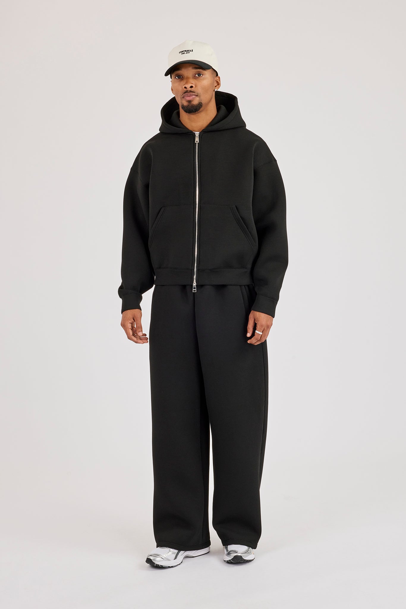 Scuba Zip Through Boxy Hoodie & Baggy Fit Trouser - Black